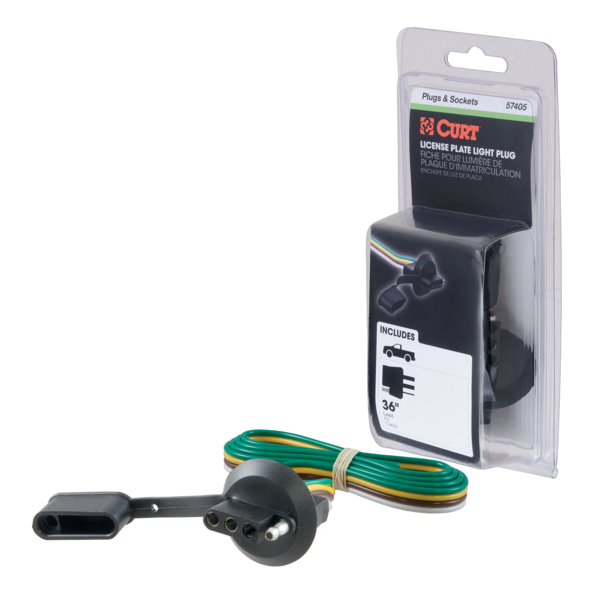 Curt - 4-Way Flat License Plate Light Plug Connector Socket with 36" Wires (Packaged) - 57405