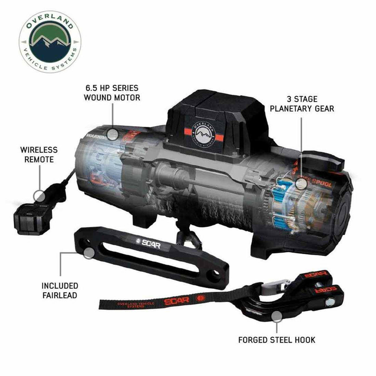 Overland Vehicle Systems - SCAR 10P - 10,000 lb. Winch With Synthetic Rope and Wireless Remote - 19099901