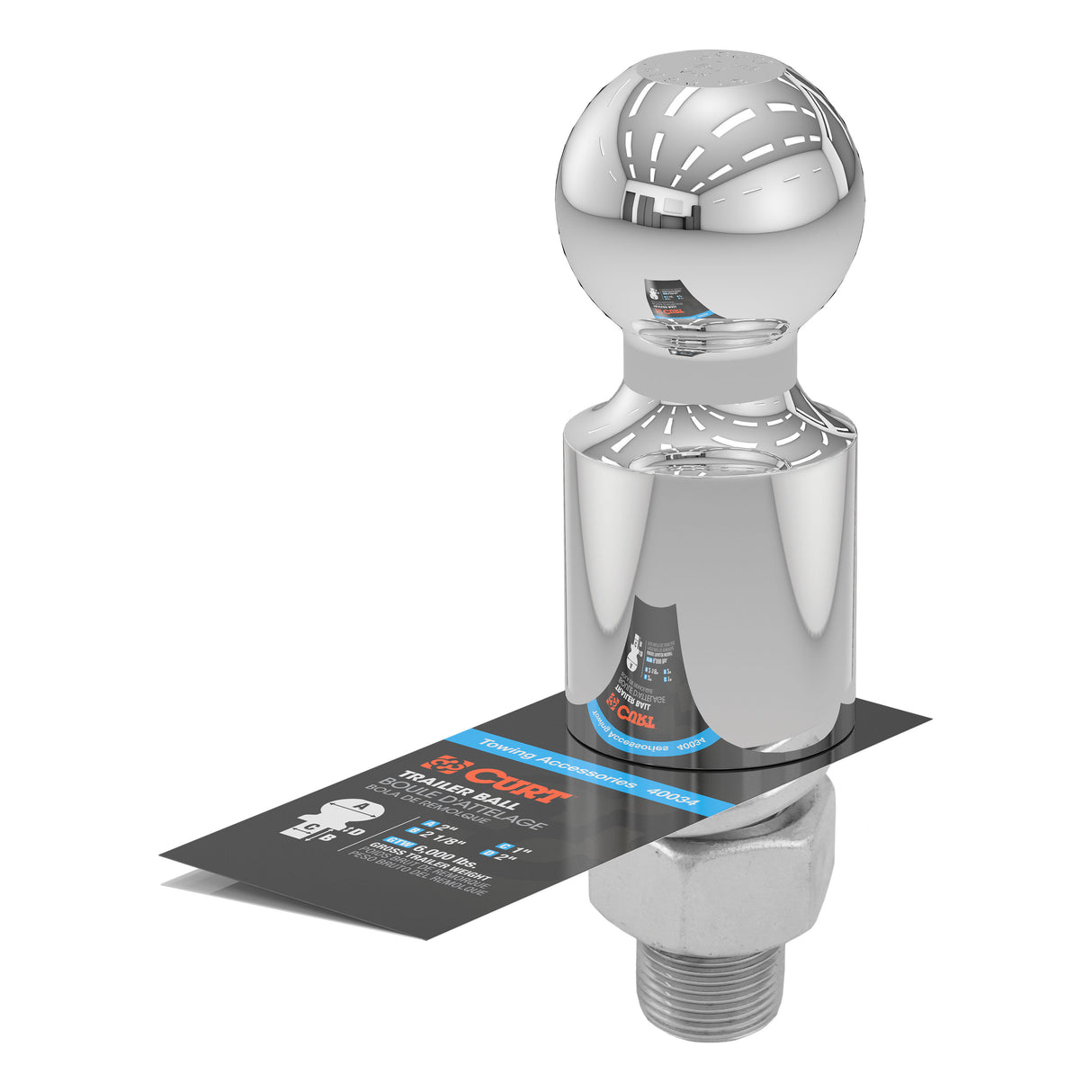 Curt - 2" Trailer Ball (1" x 2-1/8" Shank, 2" Rise, 6,000 lbs., Chrome) - 40034