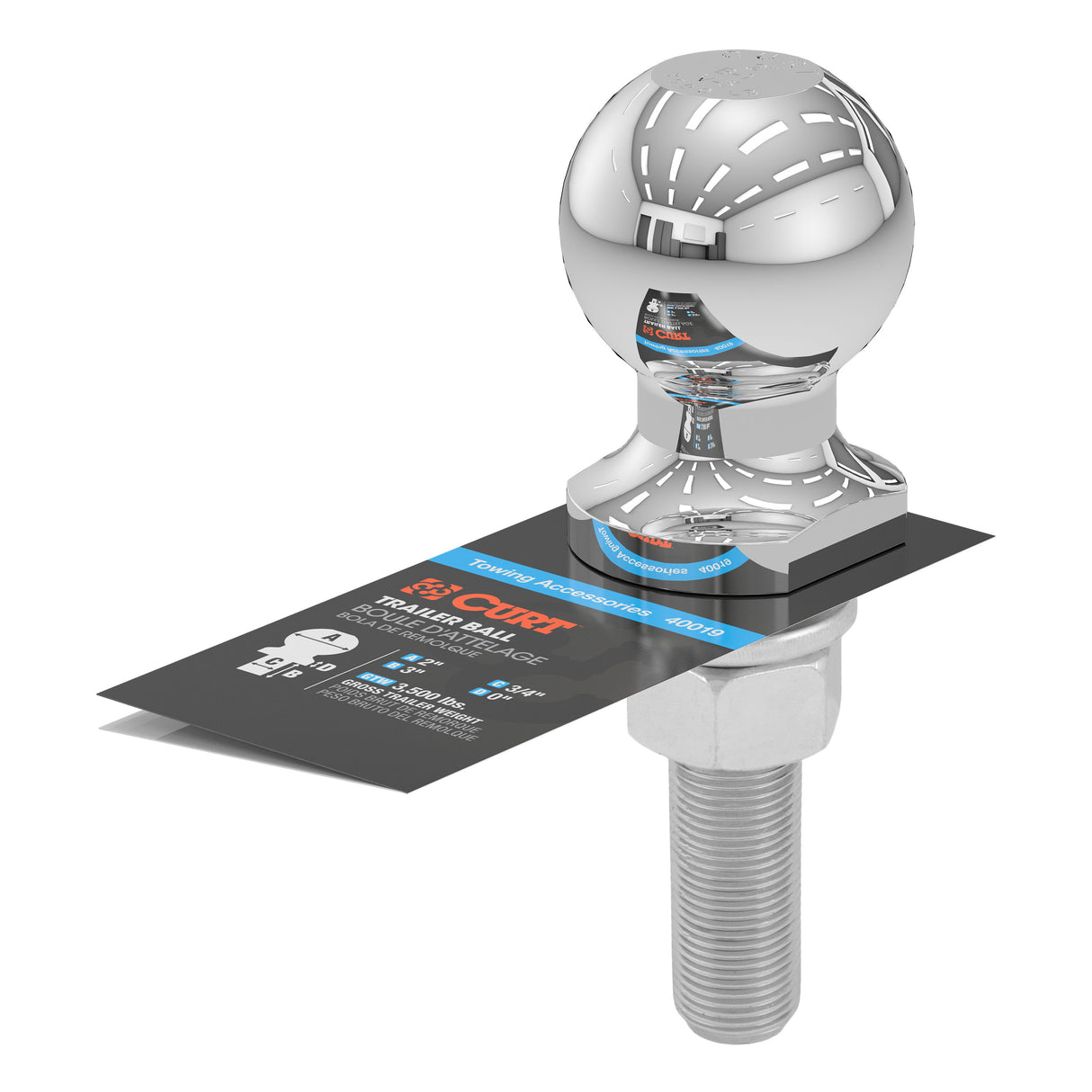 Curt - 2" Trailer Ball (3/4" x 3" Shank, 3,500 lbs., Chrome) - 40019