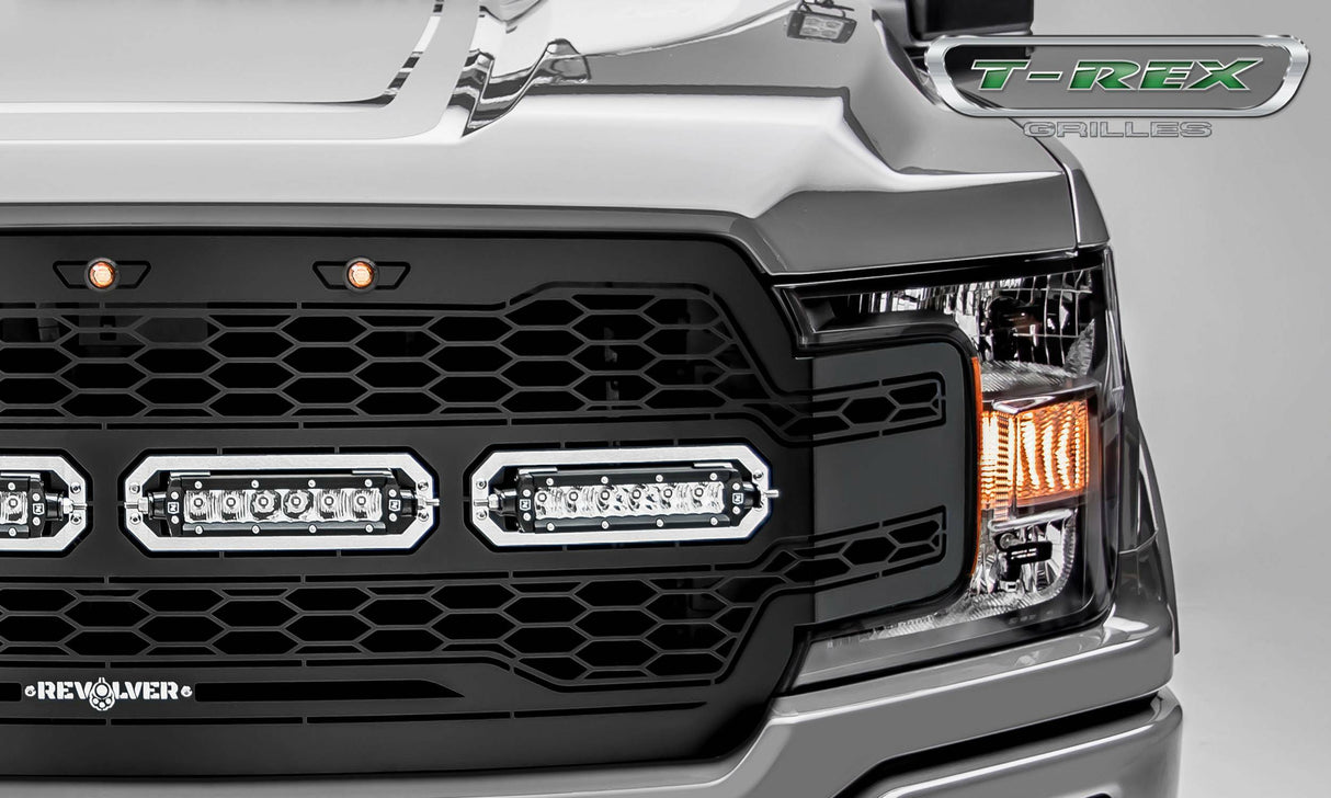 T-Rex Grilles - 1 Pc Laser Cut Pattern Mild Steel Revolver Grille Replacement - Includes Optional Aluminum Accent Trim, Includes (3) Amber running lights, Includes Universal Wiring Harness - 6515841
