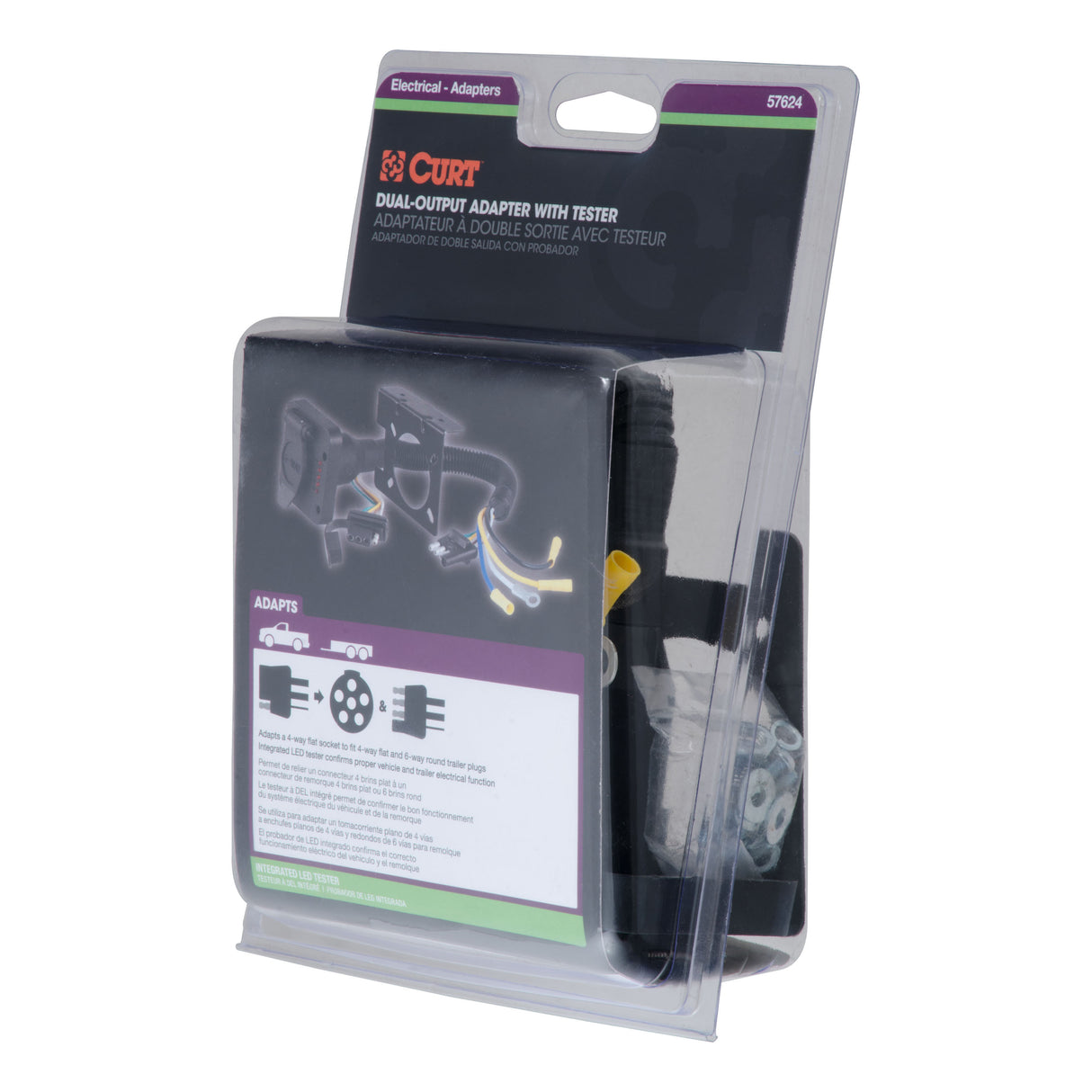 Curt - Dual-Output Electrical Adapter with Tester (Adds 6-Way Round to 4-Way Flat) - 57624