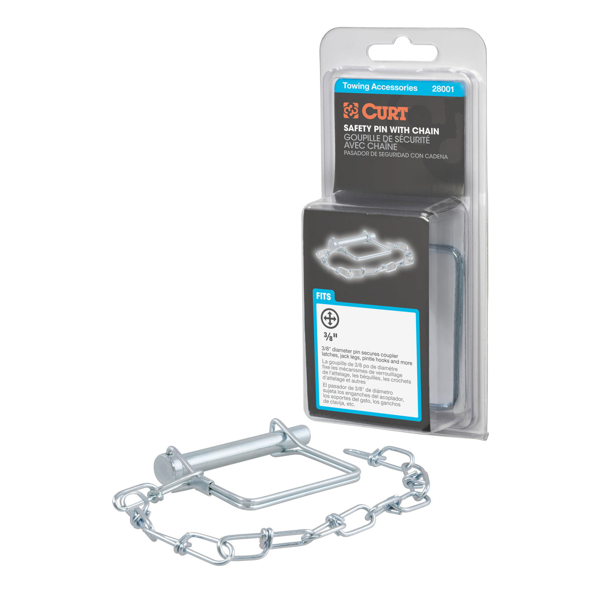 Curt - 3/8" Safety Pin with 12" Chain (2-3/4" Pin Length, Packaged) - 28001