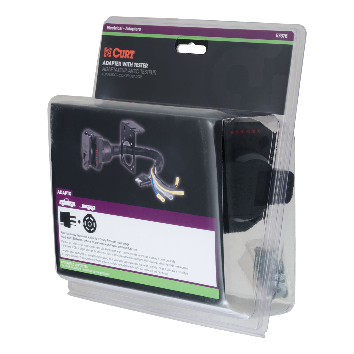 Curt - Electrical Adapter with Tester (4-Way Flat Vehicle to 7-Way RV Blade Trailer) - 57676