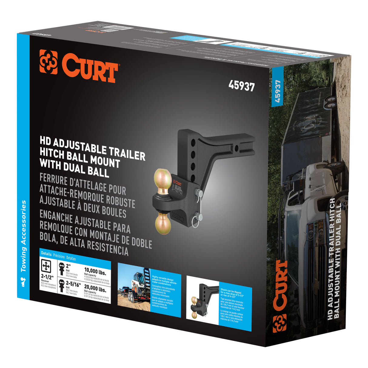 CURT - HD Adjustable Trailer Hitch Ball Mount with Dual Ball, 2-1/2" Shank, 20K - 45937