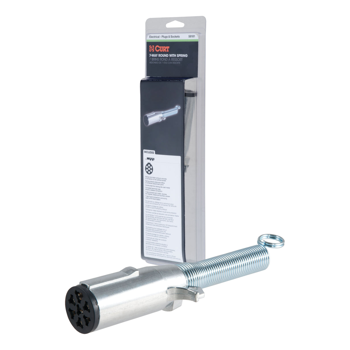 Curt - 7-Way Round Connector Plug with Spring (Trailer Side, Packaged) - 58181