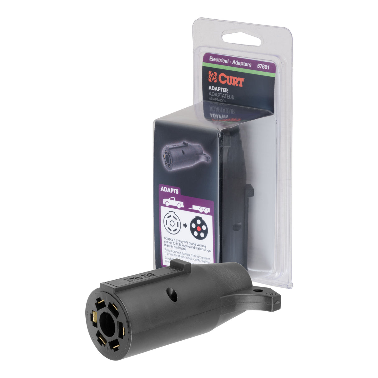 Curt - Electrical Adapter (7-Way RV to 6-Round Trailer, Center Pin Brake, Packaged) - 57661