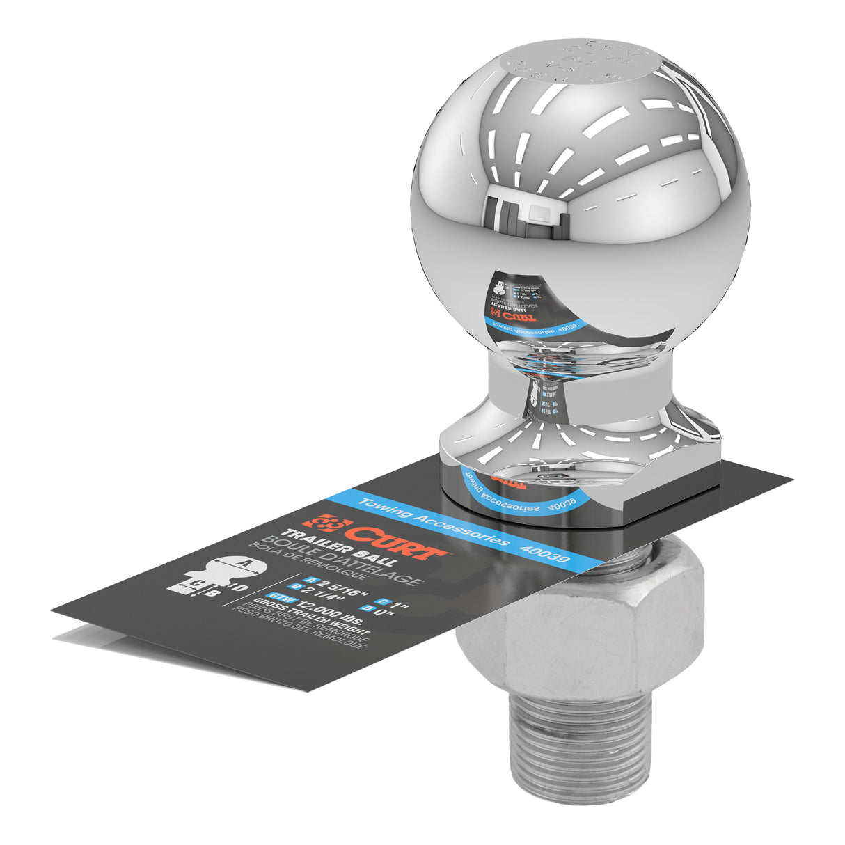 Curt - 2-5/16" Trailer Ball (1" x 2-1/4" Shank, 12,000 lbs., Chrome) - 40039