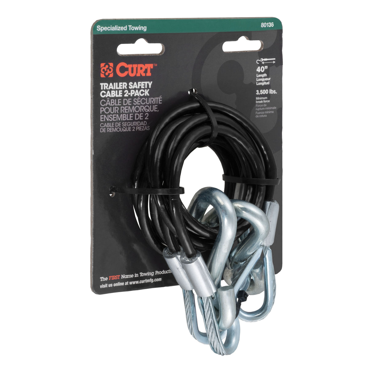 Curt - 43-7/8" Safety Cables with 2 Snap Hooks (3,500 lbs, Vinyl-Coated, 2-Pack) - 80136