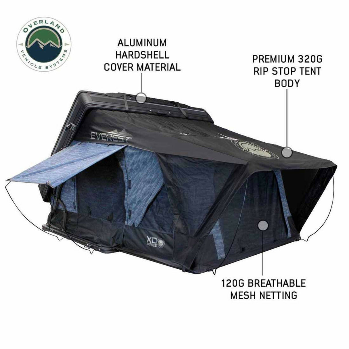 Overland Vehicle Systems - XD Everest 2 - Cantilever Aluminum Roof Top Tent, 2 Person, Grey Body and Black Rainfly - 18489902