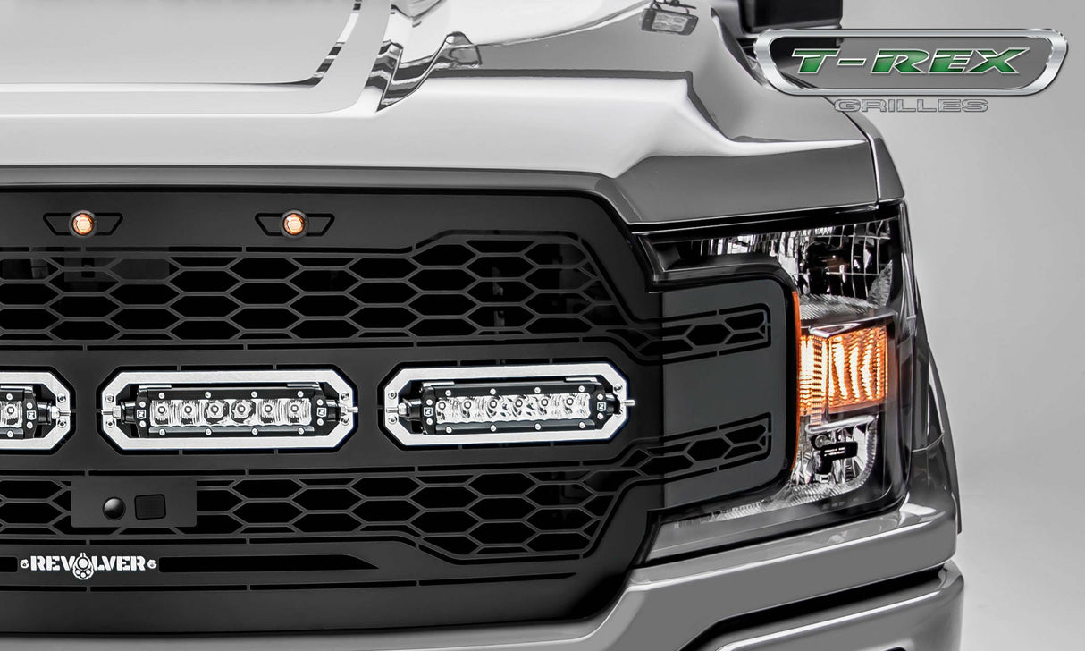 T-Rex Grilles - 1 Pc Laser Cut Pattern Mild Steel Revolver Grille Replacement - Includes Optional Aluminum Accent Trim, Includes (3) Amber running lights, Includes Universal Wiring Harness - 6515791
