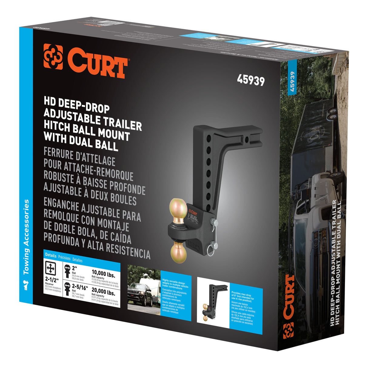 CURT - HD Deep-Drop Adjustable Hitch Ball Mount with Dual Ball, 2-1/2" Shank, 20K - 45939