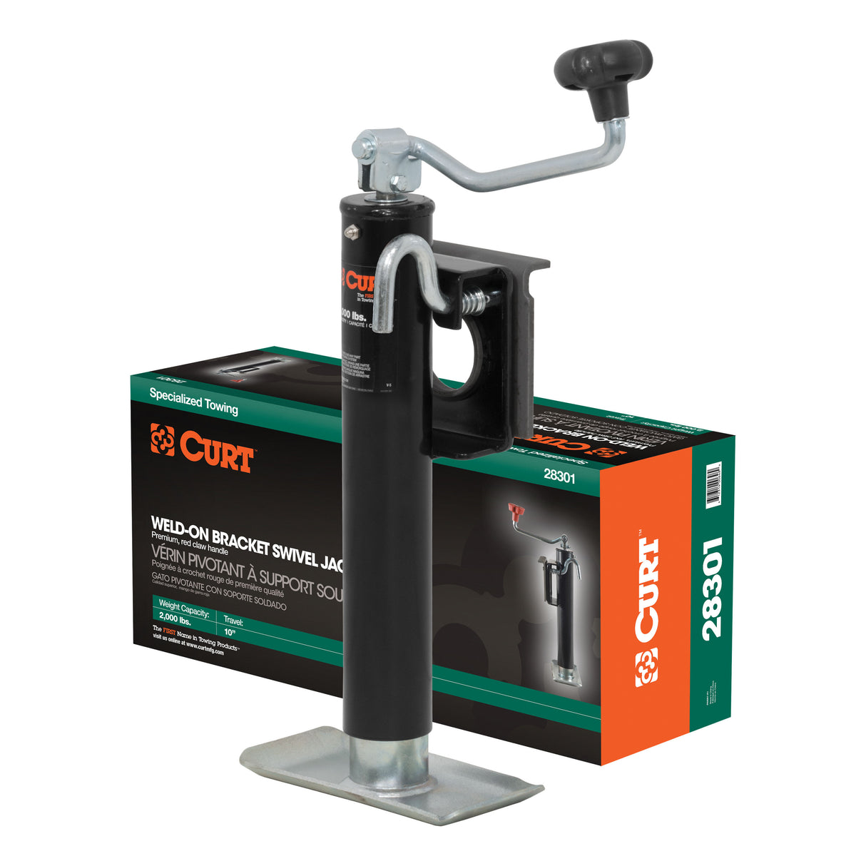Curt - Bracket-Mount Swivel Jack with Top Handle (2,000 lbs, 10" Travel, Packaged) - 28301