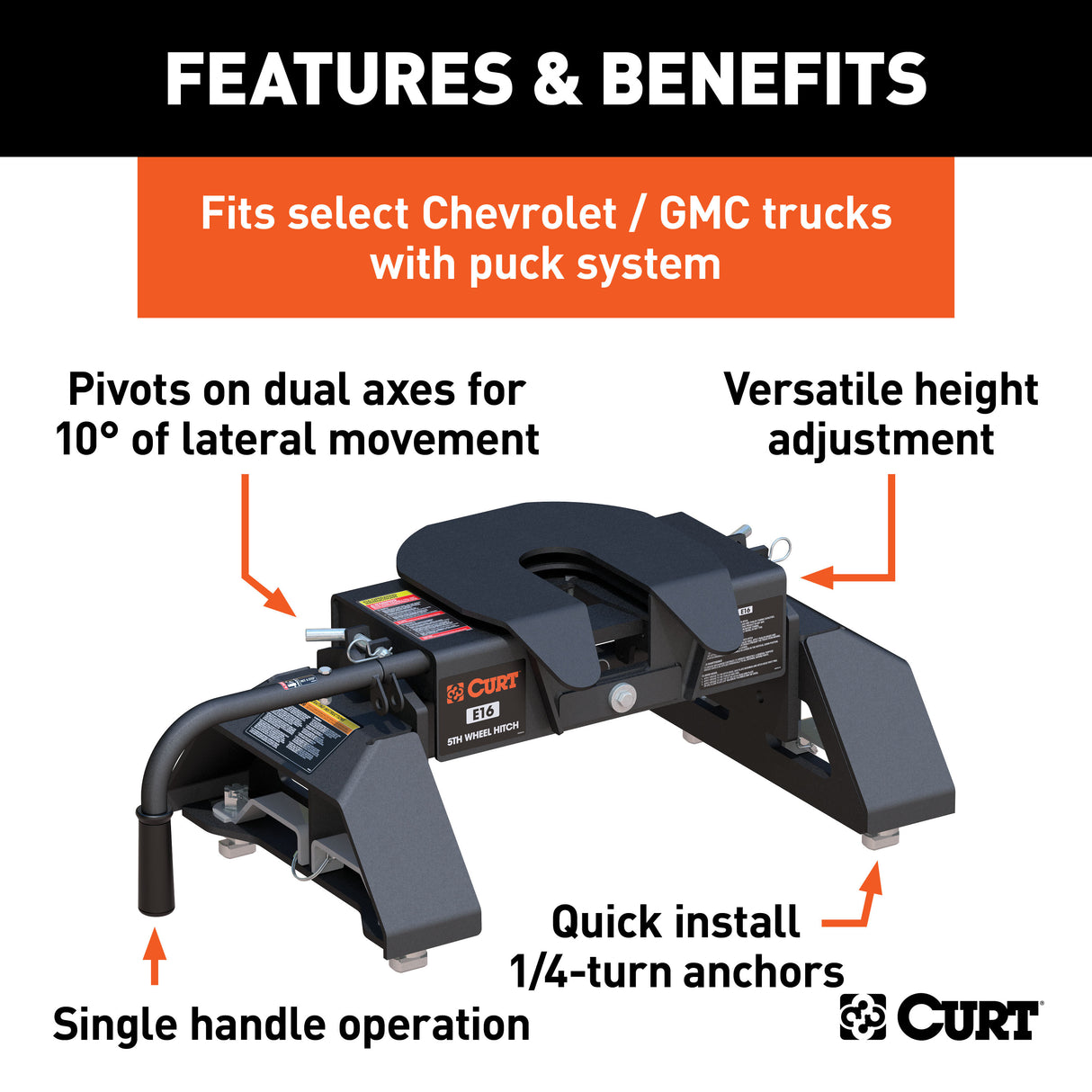 Curt - E16 5th Wheel Hitch, Select Silverado, Sierra 2500, 3500 HD, 8' Bed Puck System - 16097