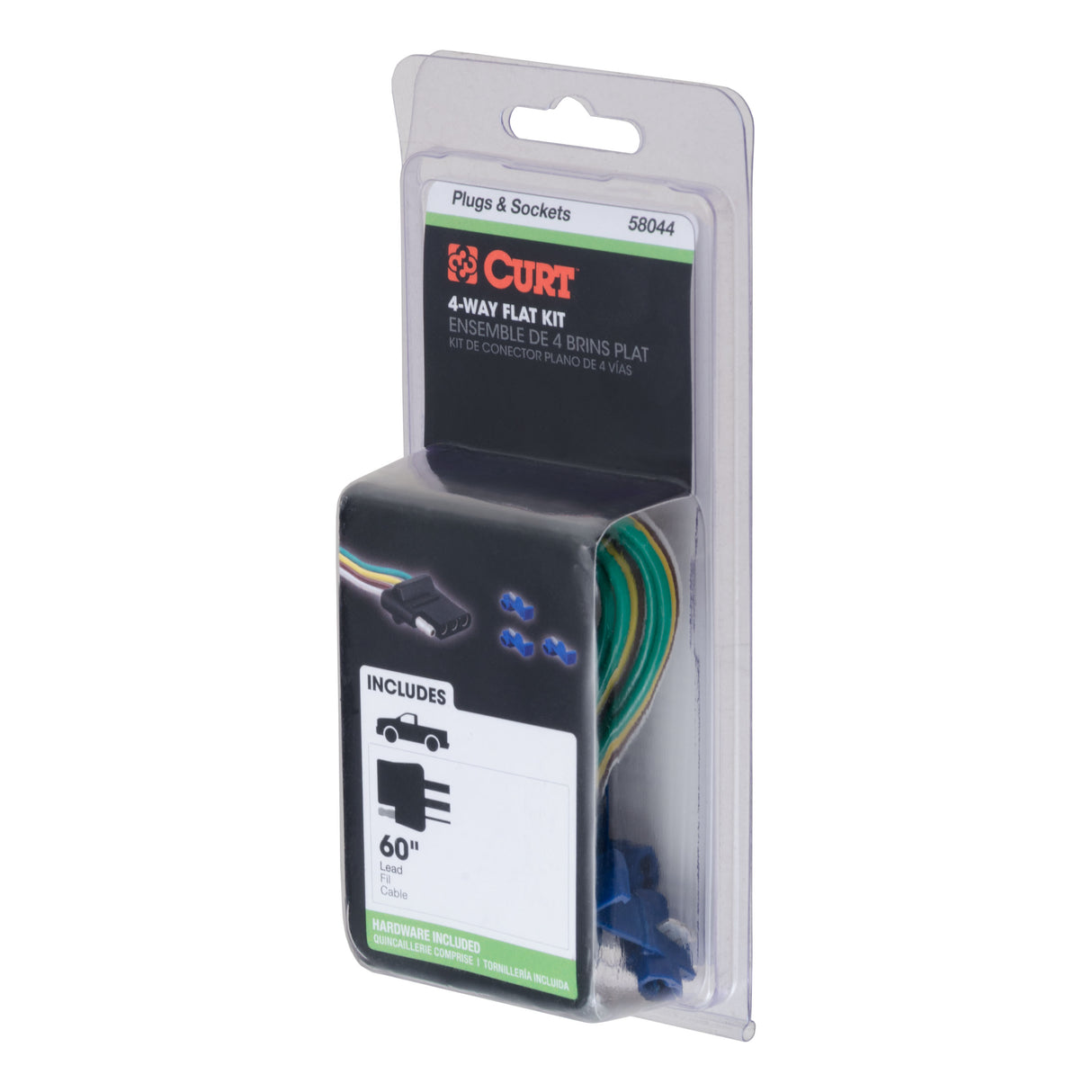 Curt - 4-Way Flat Connector Socket with 60" Wires & Hardware (Vehicle Side, Packaged) - 58044