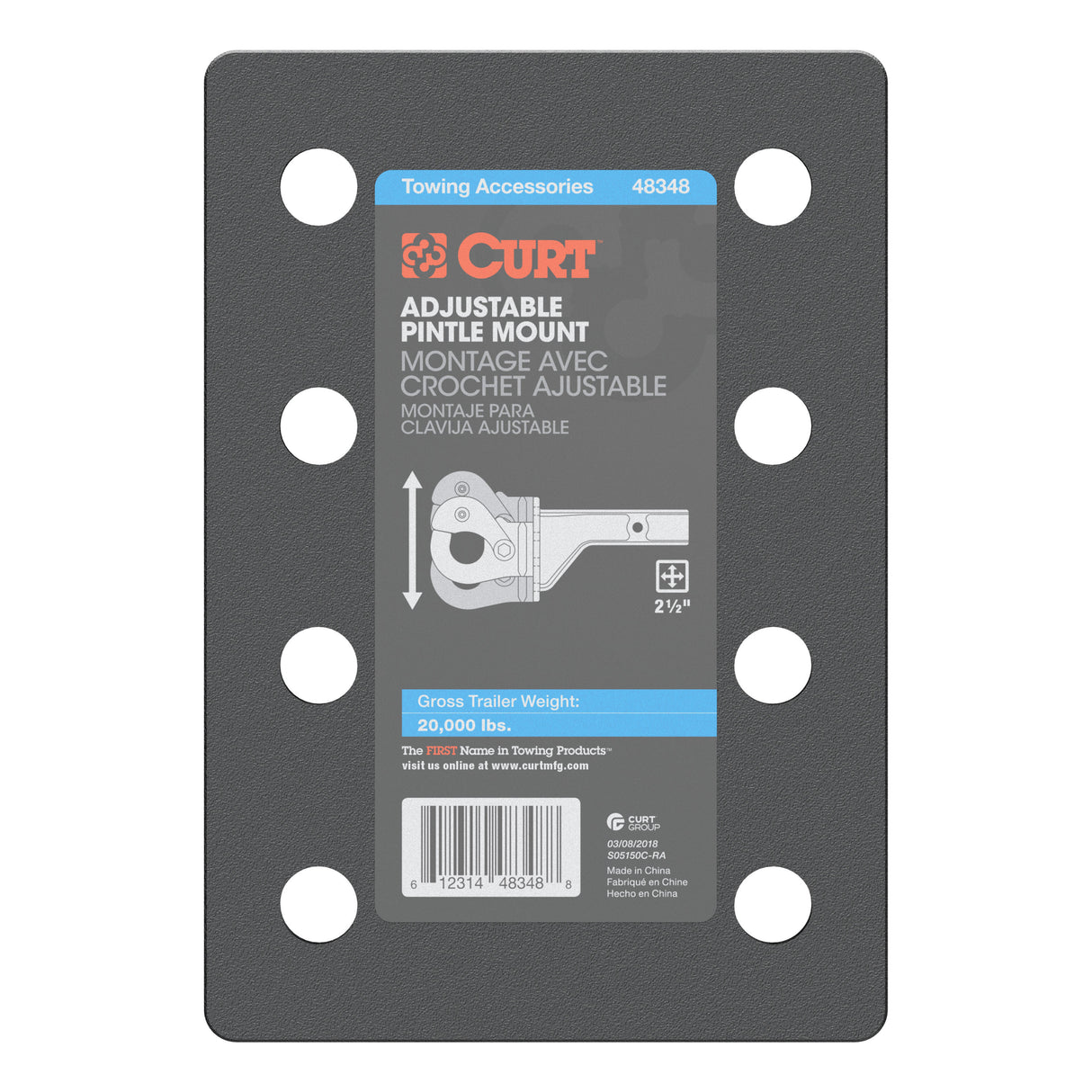 Curt - Adjustable Pintle Mount (2-1/2" Shank, 20,000 lbs., 7-1/4" High, 10-3/4" Long) - 48348