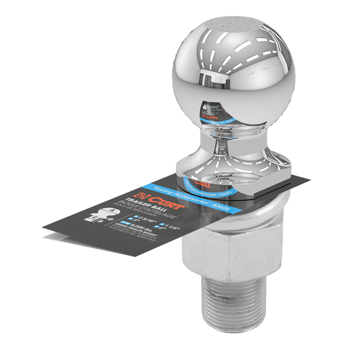 Curt - 2-5/16" Trailer Ball (1-1/4" x 3" Shank, 6,000 lbs., Chrome) - 40022