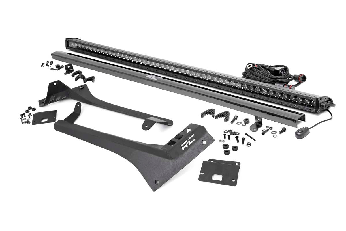 Rough Country - Jeep 50-inch Straight LED Light Bar Upper Windshield Kit w Single-Row Black Series LED (20-22 Gladiator JT, 18-22 Wrangler JL) - 70065