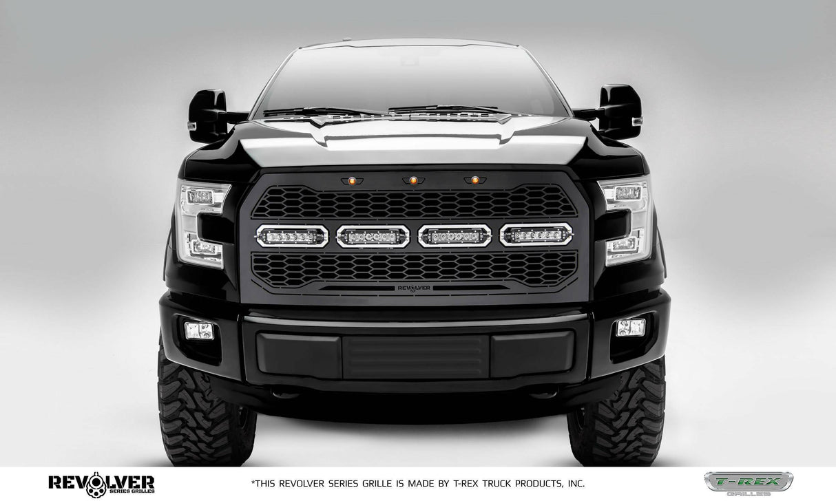 T-Rex Grilles - 1 Pc Laser Cut Pattern Mild Steel Revolver Grille Replacement - Includes Optional Aluminum Accent Trim, Includes (3) Amber running lights, Includes Universal Wiring Harness - 6515731