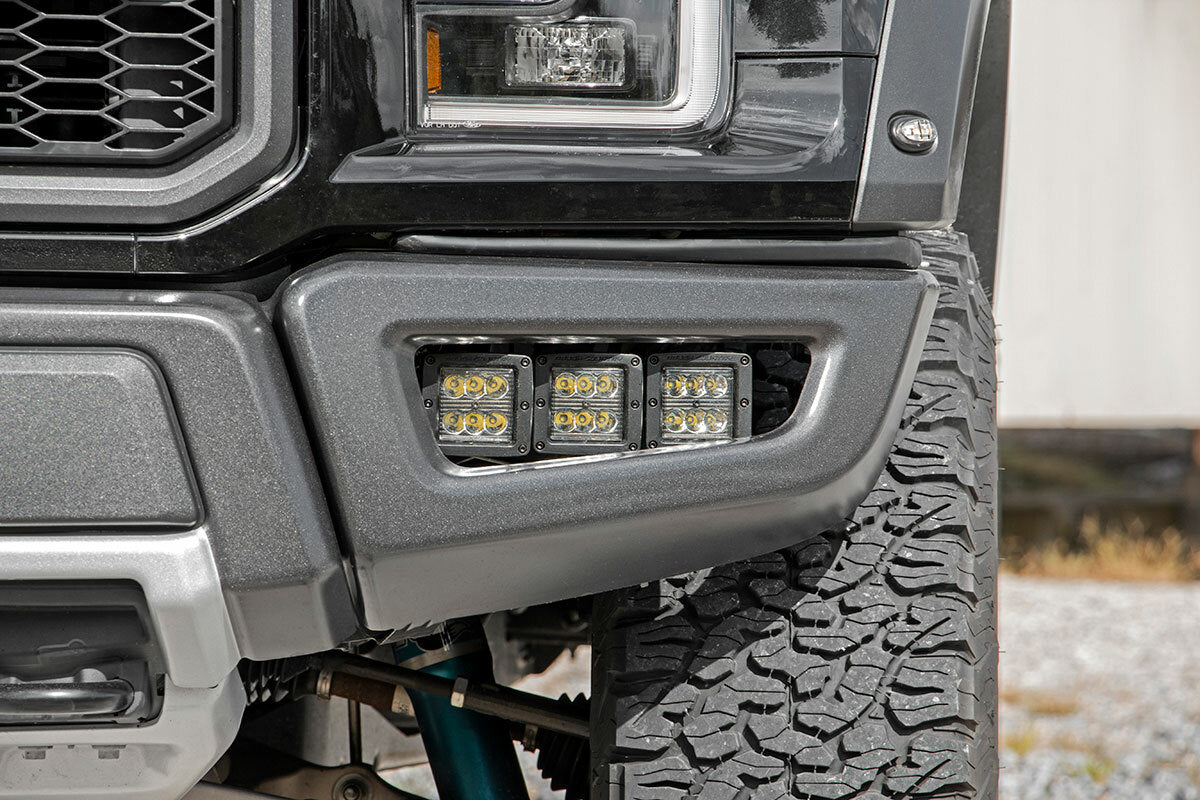 Rough Country - LED Light Kit - Fog Mount - Triple 2" Black Pair - Amber DRL - Ford Raptor (17-20) - 70700DRLA