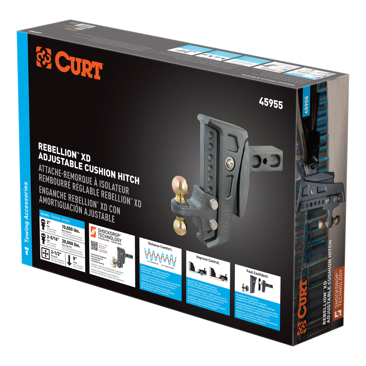 Curt - Rebellion XD Adjustable Cushion Hitch (2-1/2" Shank, 2", 2-5/16" Balls, 20K) - 45955