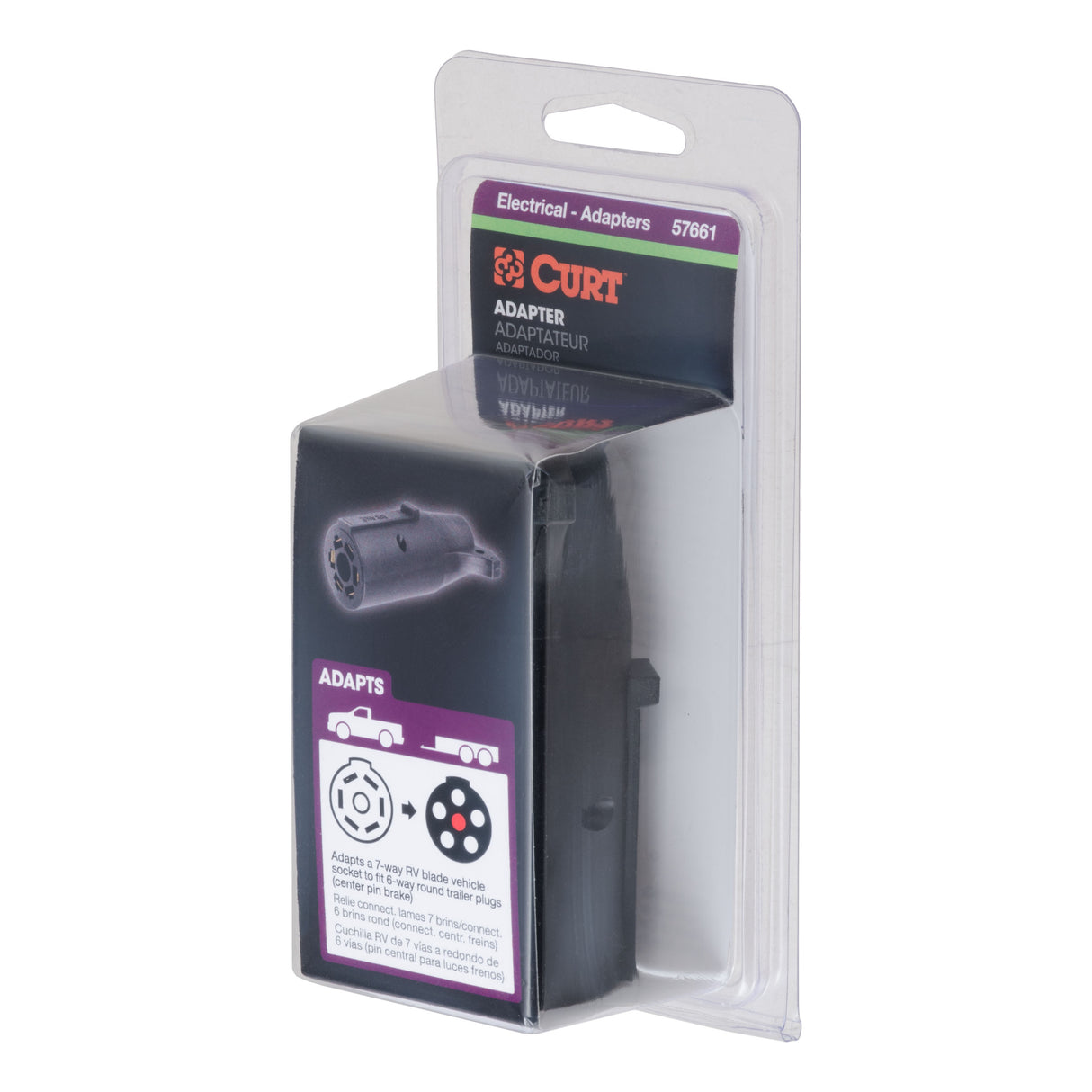 Curt - Electrical Adapter (7-Way RV to 6-Round Trailer, Center Pin Brake, Packaged) - 57661