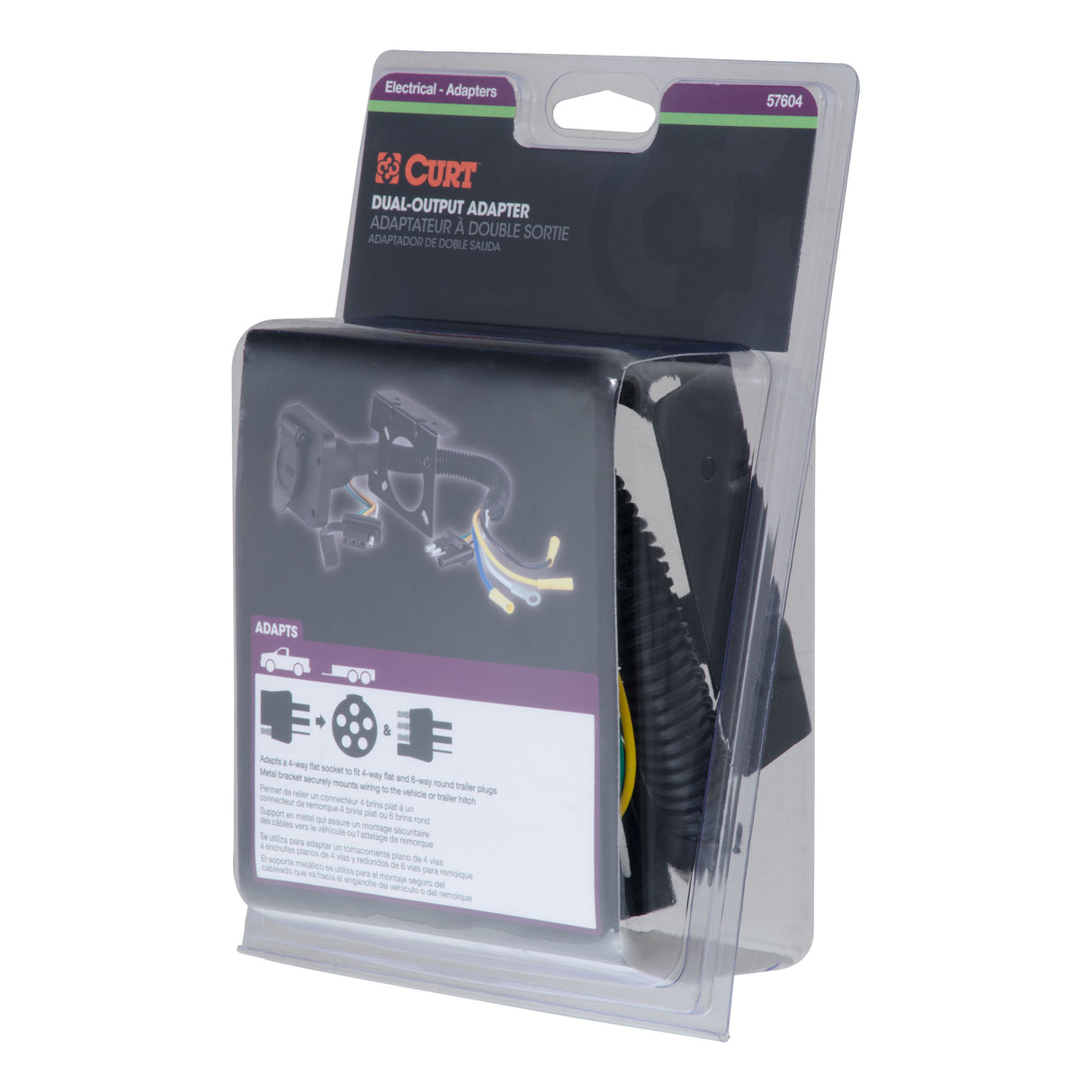 Curt - Dual-Output Electrical Adapter (Adds 6-Way Round to 4-Way Flat) - 57604