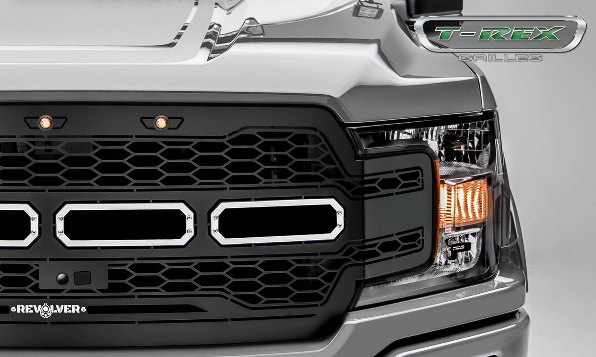 T-Rex Grilles - 1 Pc Laser Cut Pattern Mild Steel Revolver Grille Replacement - Includes Optional Aluminum Accent Trim, Requires (3) OEM Factory Amber running lights (not included) - 6515781