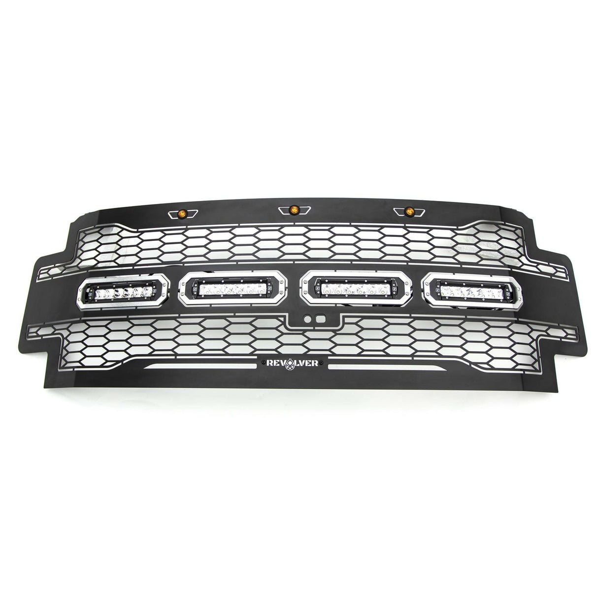 T-Rex Grilles - 1 Pc Laser Cut Pattern Mild Steel Revolver Grille Replacement - Includes Optional Aluminum Accent Trim, Includes (3) Amber running lights, Includes Universal Wiring Harness - 6515631