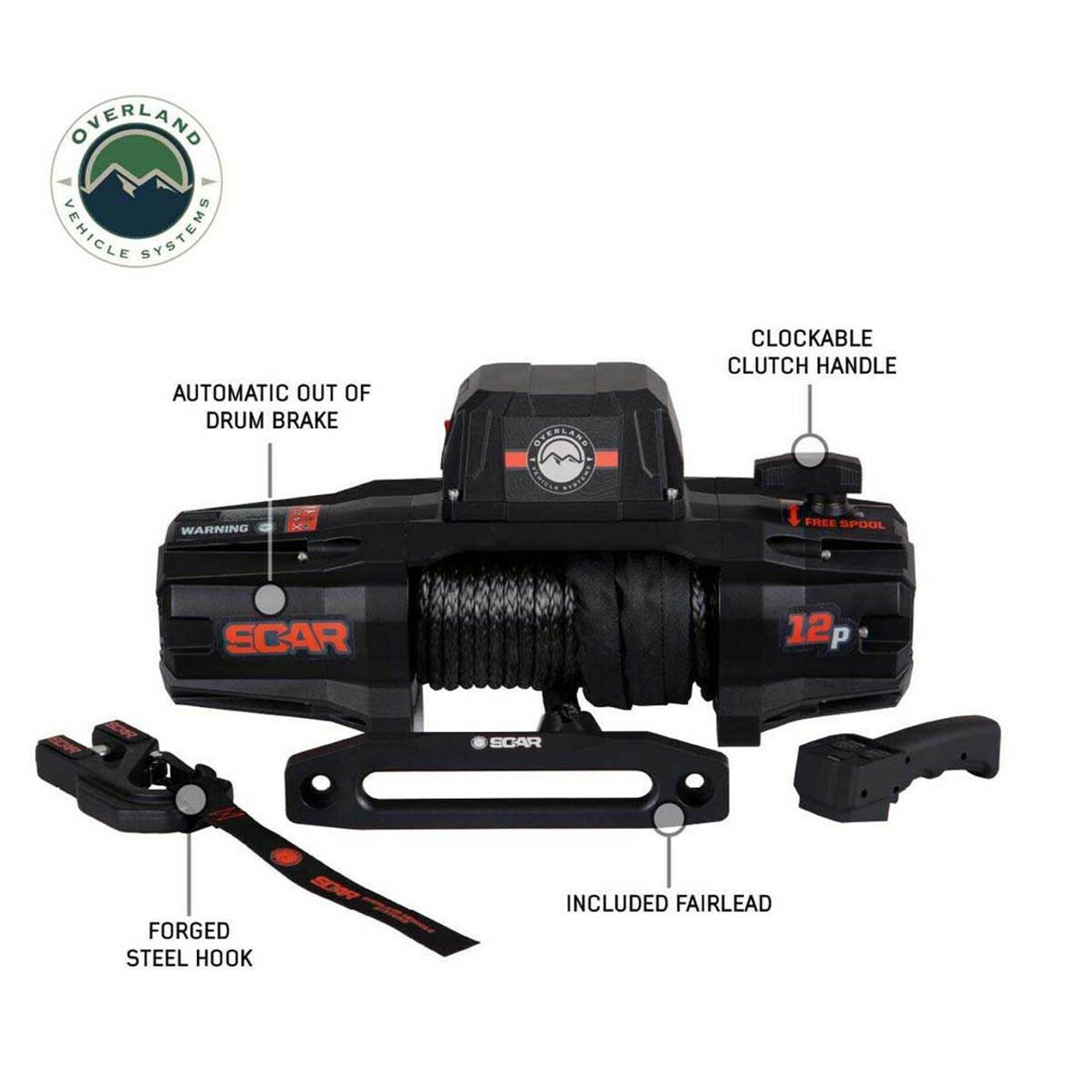 Overland Vehicle Systems - SCAR 12P - 12,000 lb. Winch With Synthetic Rope and Wireless Remote - 19129901