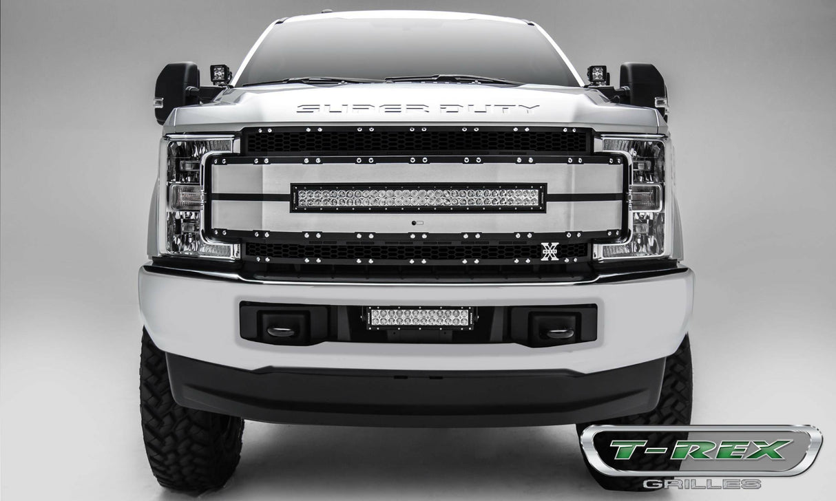 T-Rex Grilles - 1 Pc Laser Cut Pattern Aluminum Torch AL Grille Replacement - Black with black mesh and brushed aluminum and trim, Includes Universal Wiring Harness - 6315493