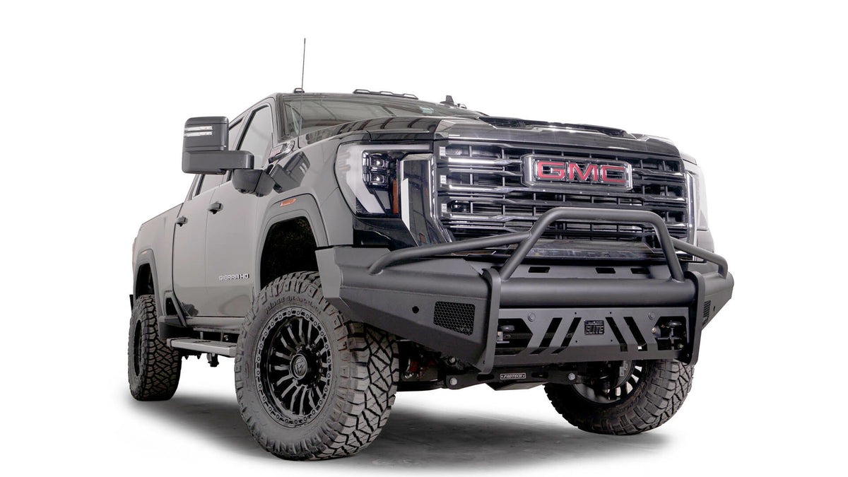 Fab Fours - 2024-2026 GMC HD Black Steel Elite Sensor Front Bumper w/ Pre-Runner Guard - GM24-Q6262-1