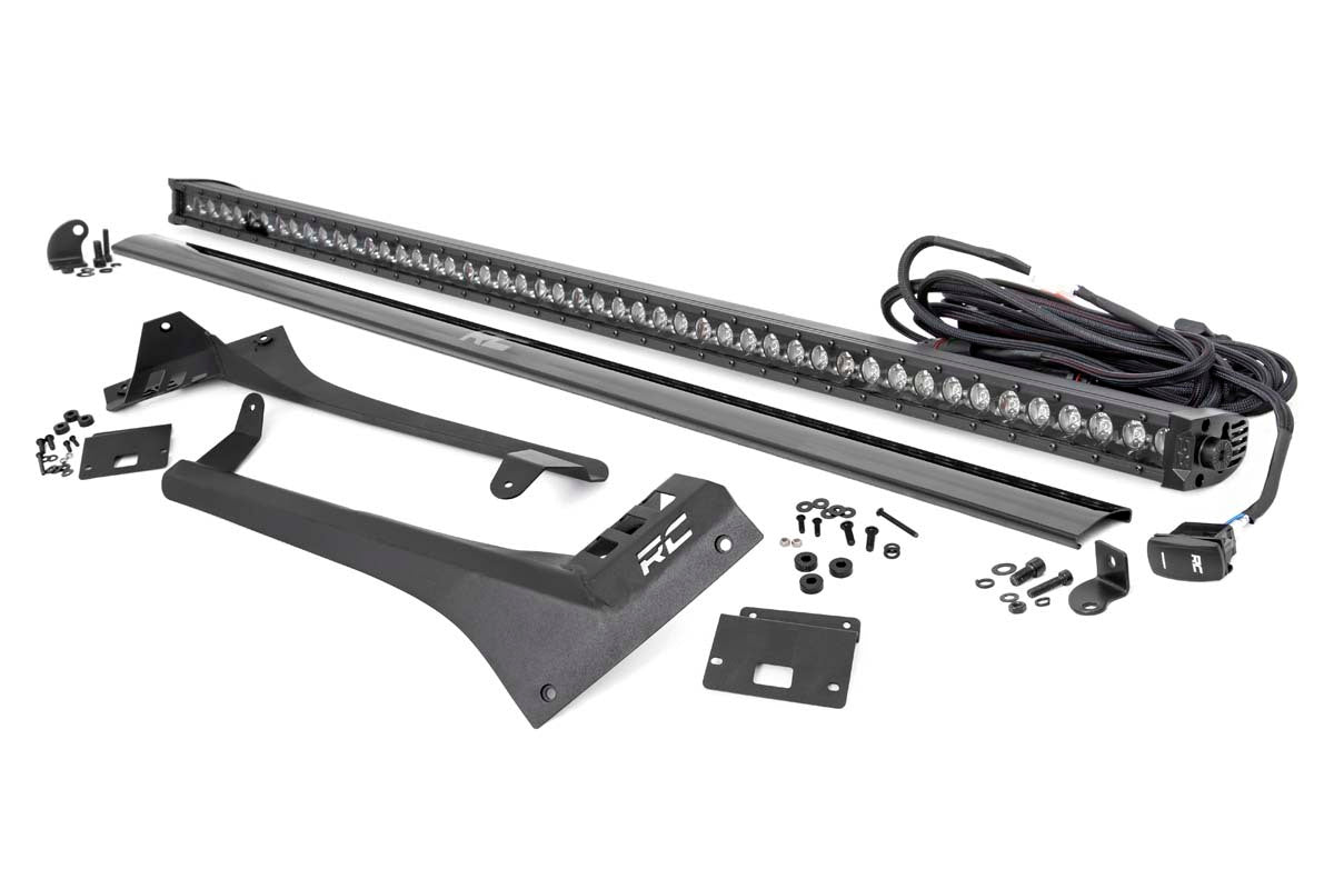 Rough Country - Jeep 50-inch Straight LED Light Bar Upper Windshield Kit w Single-Row Black Series LED - White DRL (20-22 Gladiator JT, 18-22 Wrangler JL) - 70066