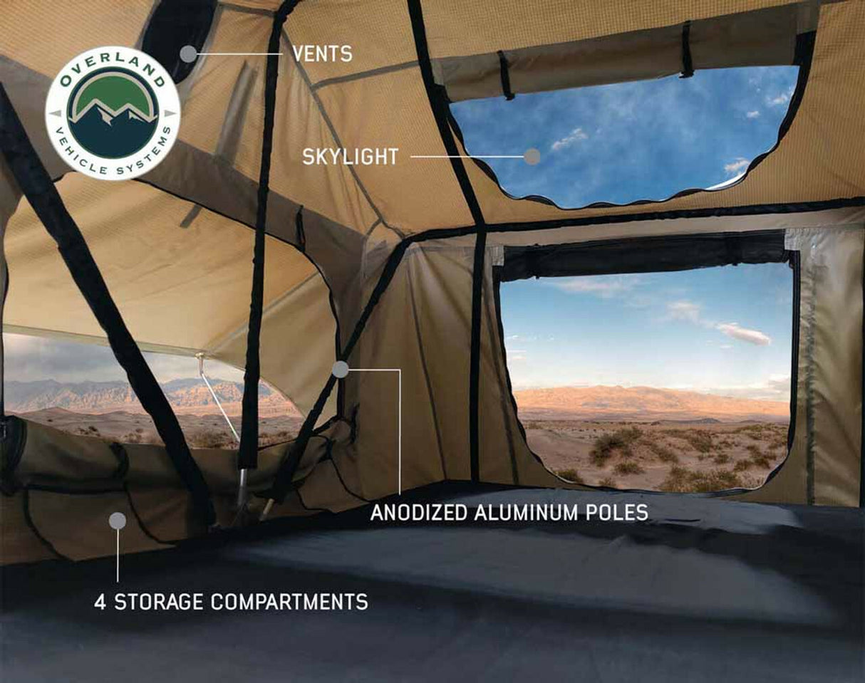 Overland Vehicle Systems - LD TMBK 3 Roof Top Tent With Annex - Tan Base With Green Rain Fly, Black Aluminum Base, Black Ladder - 18119733