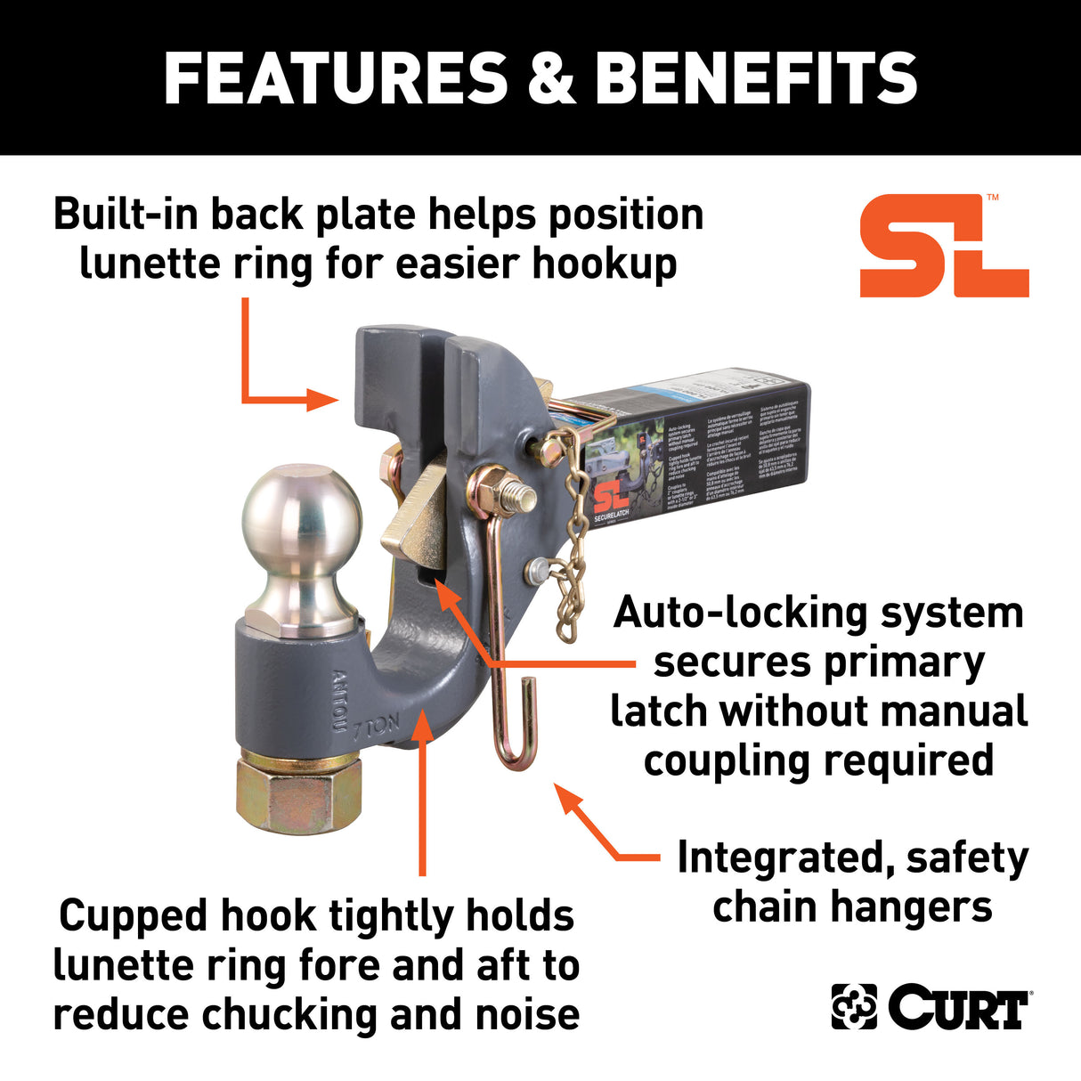 Curt - SecureLatch Receiver-Mount Ball & Pintle Hitch (2" Shank, 2" Ball, 14K) - 48407