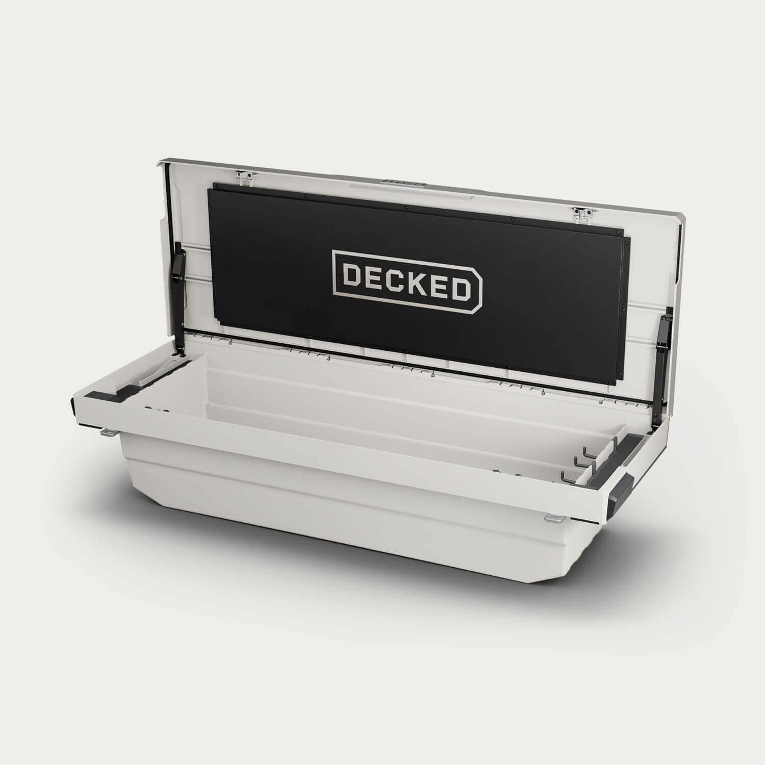Decked - Truck Bed Tool Box - White - Includes Two (2) D-Ring Cargo Tie Downs And Two (2) Tool Tray Pads - Dtb2-Wht