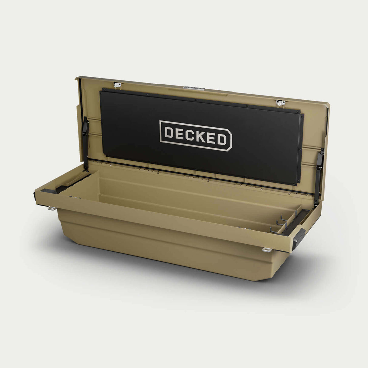 Decked - Truck Bed Tool Box - Tan - Includes Two (2) D-Ring Cargo Tie Downs And Two (2) Tool Tray Pads - Dtb2T22-Tan