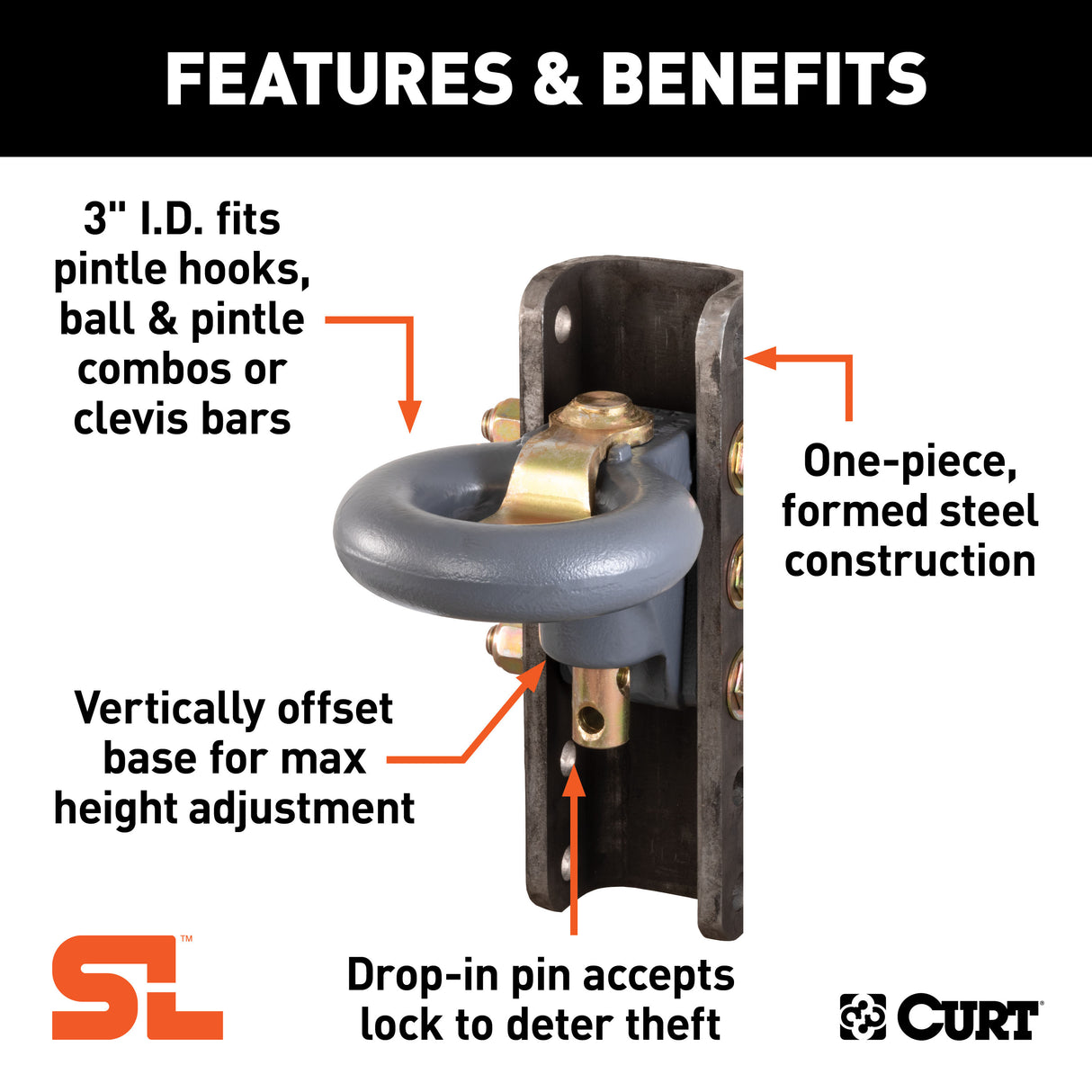 Curt - SecureLatch Lunette Ring & Channel (40,000 lbs, 3" ID, 11-3/4" Channel Height) - 48641