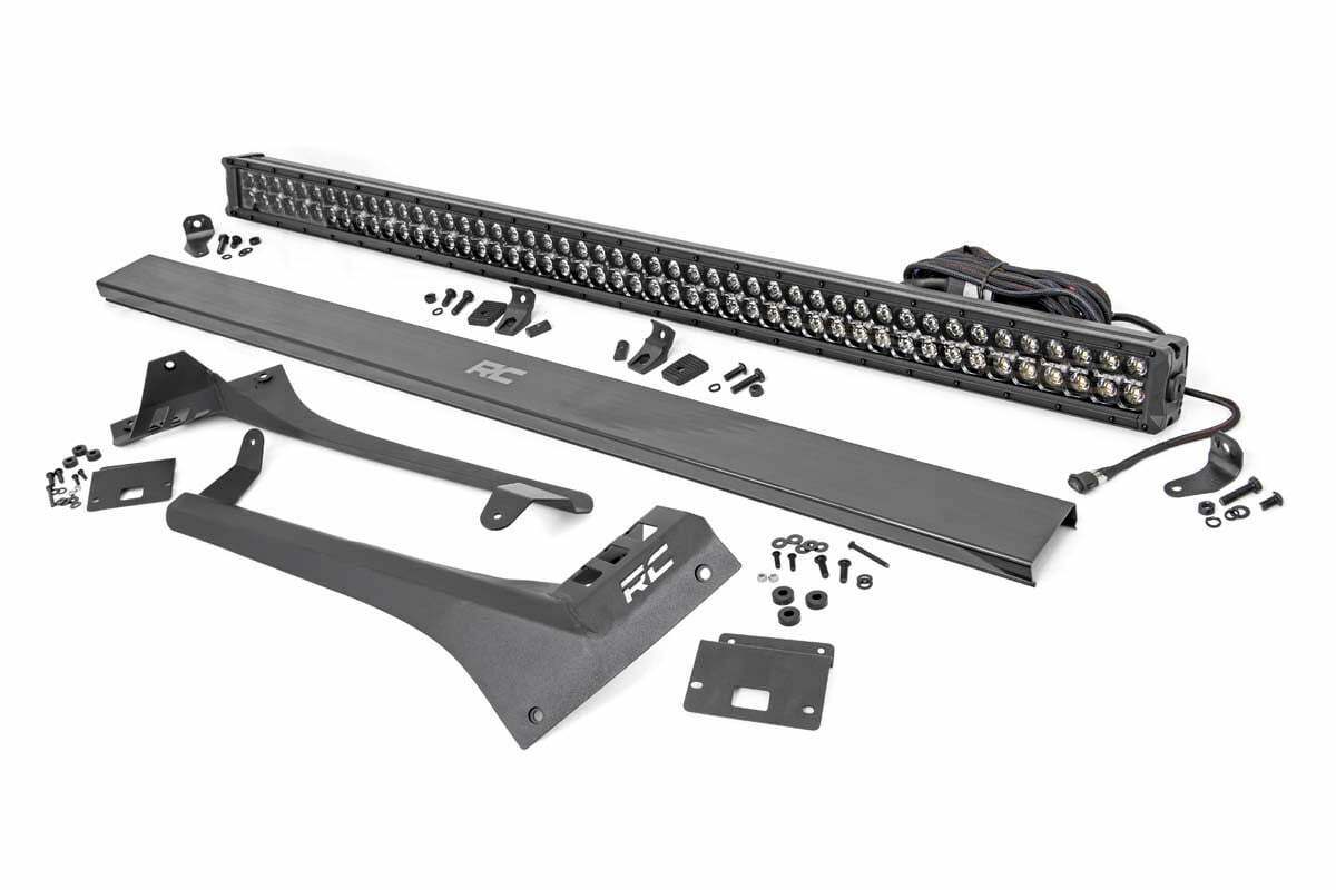 Rough Country - Jeep 50-inch Straight LED Light Bar Upper Windshield Kit w Dual-Row Black Series LED - Amber DRL (20-22 Gladiator JT, 18-22 Wrangler JL) - 70068