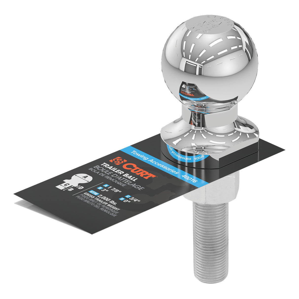 Curt - 1-7/8" Trailer Ball (3/4" x 3" Shank, 2,000 lbs., Chrome) - 40016