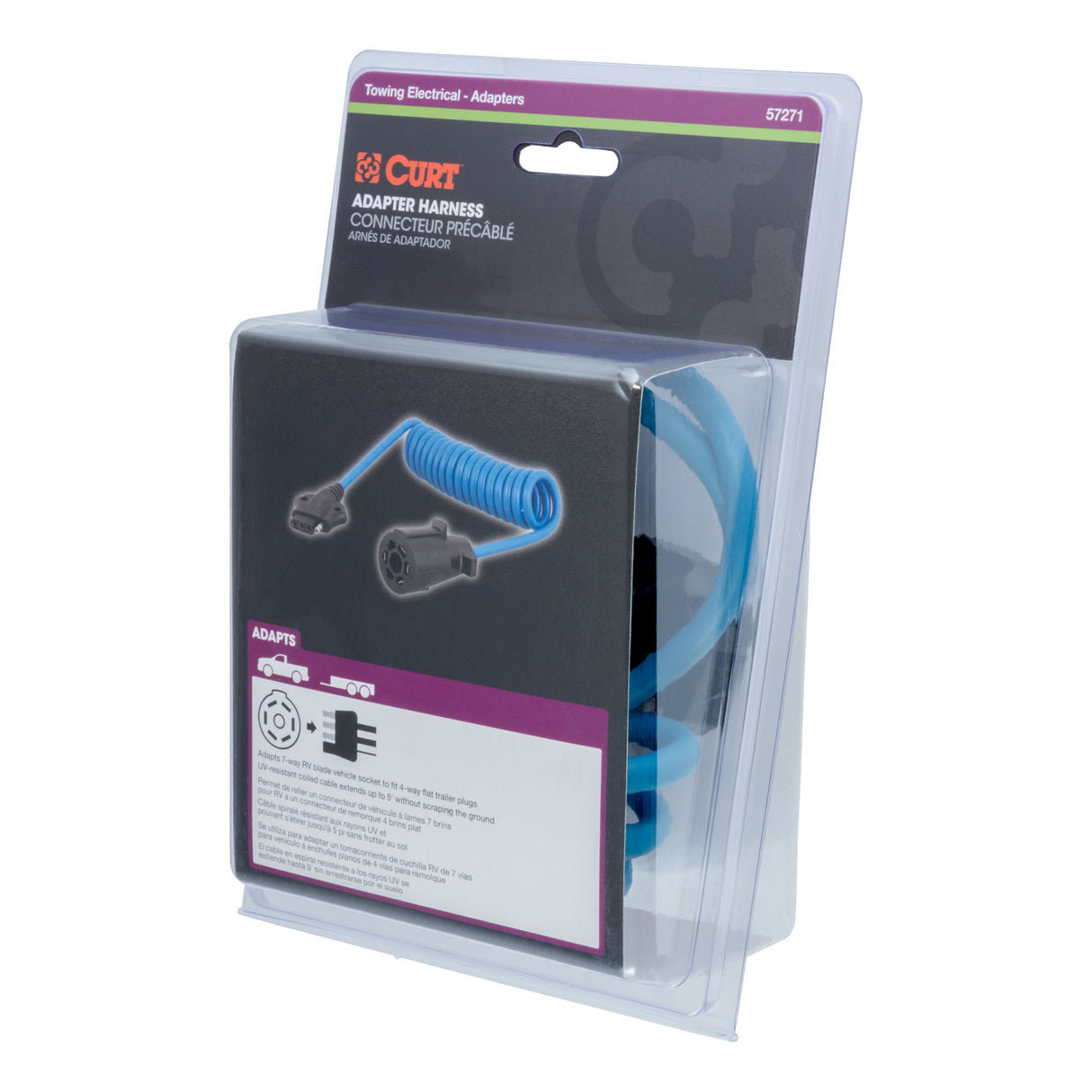 Curt - 5' Electrical Adapter Harness (7-Way RV Blade Vehicle to 4-Way Flat Trailer) - 57271