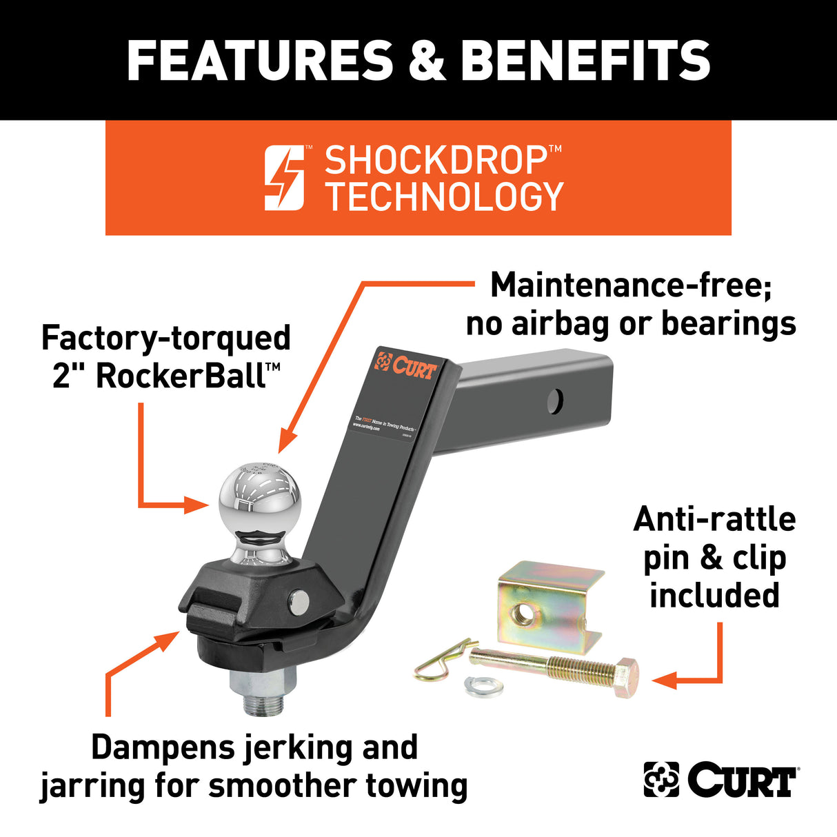 Curt - RockerBall Cushion Hitch with 2" Ball (2" Shank, 7,500 lbs., 5" Drop) - 45144