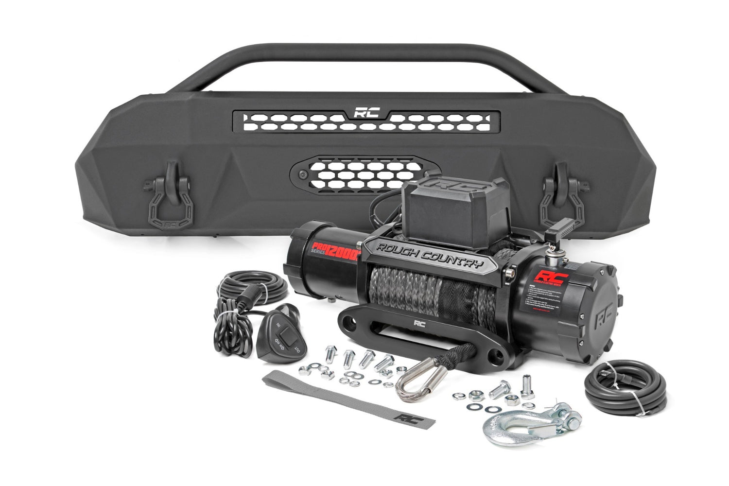 Rough Country - Front Bumper - Hybrid - 12000-Lb Pro Series Winch - Synthetic Rope - Toyota Tacoma (16-23) - 10715