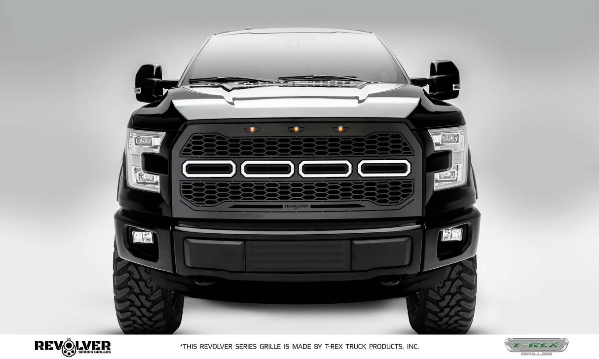 T-Rex Grilles - 1 Pc Laser Cut Pattern Mild Steel Revolver Grille Replacement - Includes Optional Aluminum Accent Trim, Includes (3) Amber running lights, - 6515751