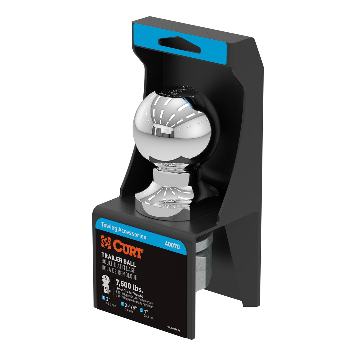 Curt - 2" Trailer Ball (1" x 2-1/8" Shank, 7,500 lbs., Chrome, Packaged) - 40070