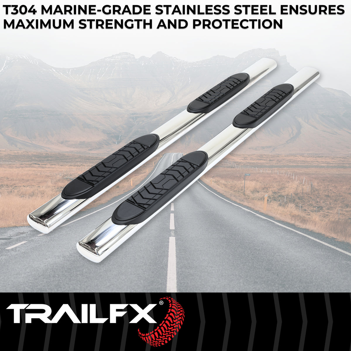 TrailFx - 5" Oval Straight Step Bar For GM Silverado/Sierra Crew-Stainless (A7003S)
