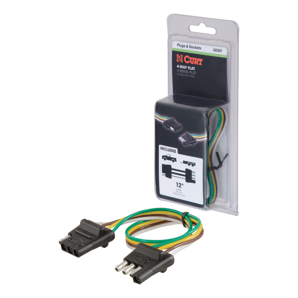 Curt - 4-Way Flat Connector Plug & Socket with 12" Wires (Packaged) - 58381