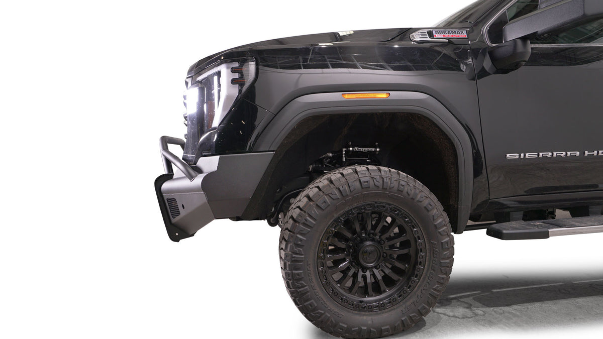 Fab Fours - 2024-2026 GMC HD Black Steel Elite Sensor Front Bumper w/ Pre-Runner Guard - GM24-Q6262-1