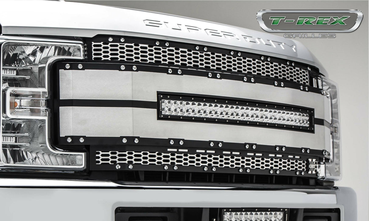 T-Rex Grilles - 1 Pc Laser Cut Pattern Aluminum Torch AL Grille Replacement - Black with brushed aluminum mesh and trim, Includes Universal Wiring Harness - 6315485