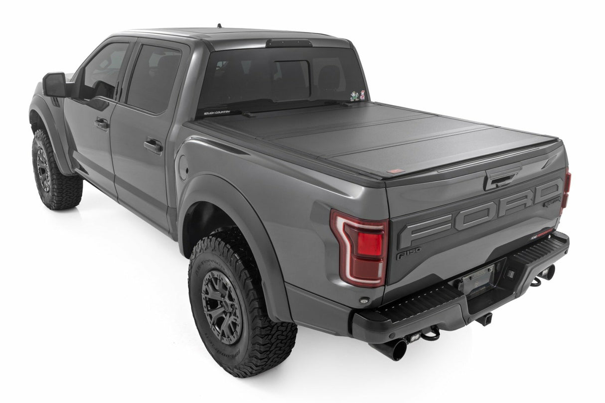 Rough Country - Hard Tri-Fold Flip Up Bed Cover - 5'7" Bed - Ford F-150 (21-23) F-150 Lightning (2022) - 49221550